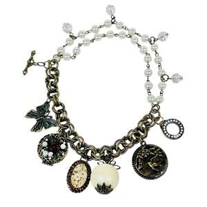 Vintage Chunky Charm Necklace Faux Pearls Bronze Tone Necklace Jewelry